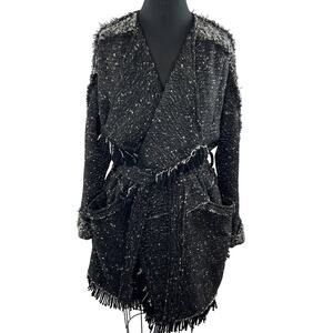 FREE PEOPLE Wool Blend Black White Tweed Fringe Belted Blanket Coat Wrap Boho M